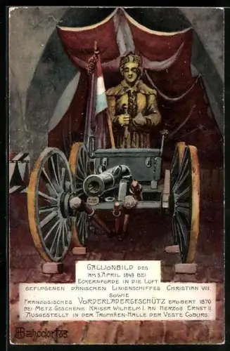 Künstler-AK H. Bahndorf: Coburg, Gallionbild des dänischen Kriegsschiffes Christian VIII. u. franz. Vorderladergeschütz