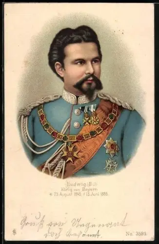 Lithographie König Ludwig II. in prächtiger Uniform mit Orden und Schärpe