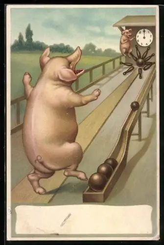 AK Zwei Schweine beim Kegeln, vermenschlichte Tiere