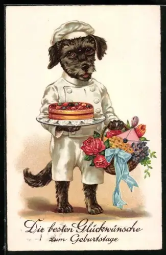 AK Hund in Kellnerkleidung mit Glückwunschkorb serviert einen Kuchen, vermenschlichte Tiere