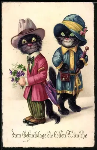 AK Katzenherr möchte Katzendame einen Blumensttrauss überreichen, vermenschlichte Tiere
