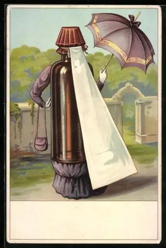 Künstler-AK Arzneiflächschen mit Hut, Schleppe und Sonnenschirm, Metamorphose