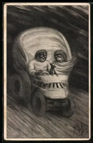 Künstler-AK Todesfahrt, Mann mit Frau und Hund im Auto fahrend, Metamorphose Tod