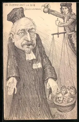 Künstler-AK Charles Denizard (Orens): Richter schaut ratlos mit erhobenen Schultern, Affaire Humbert