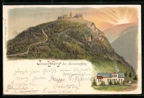 Lithographie Brotterode, Inselsberg bei Sonnenaufgang, vermenschlichte Berge, Berggesichter