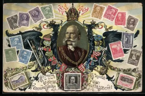 AK Portraits von Kaiser Franz Josef I. v. Österreich auf Briefmarken, 60. Regierungsjubiläum