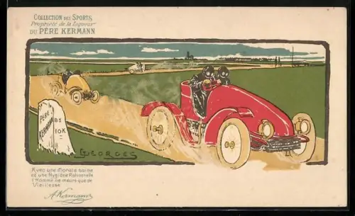 Künstler-AK sign. Georces: Männer beim Autorenne auf staubiger Landstrasse, Reklame für Père Kermann