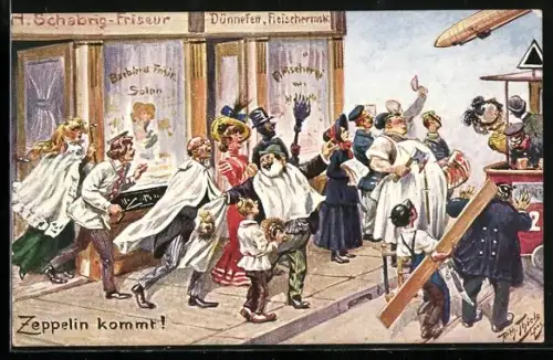 Künstler-AK Arthur Thiele: Kunden vor Schabrig-Friseur winken Zeppelin in der Luft