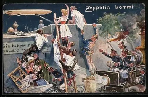 Künstler-AK A. Thiele: Zeppelin kommt! Luftschiff am Nachthimmel verursacht Feuerwehreinsatz