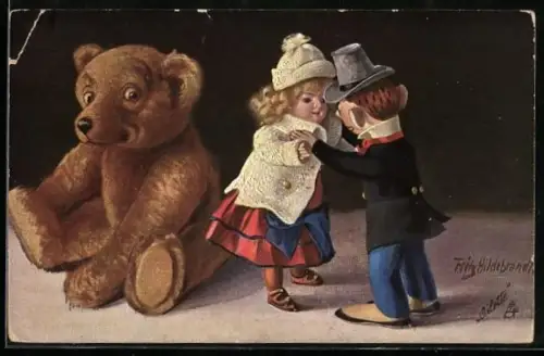 Künstler-AK Fritz Hildebrandt: Steiff-Puppen beim Tanz, Teddybär schaut zu