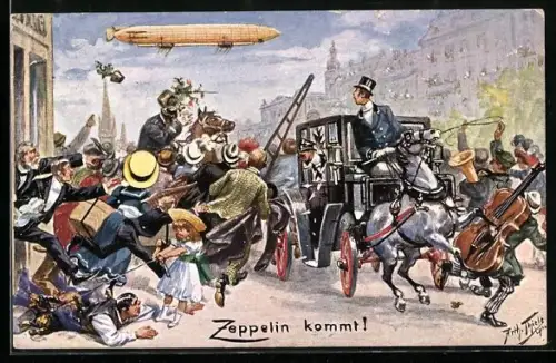 Künstler-AK Arthur Thiele: Zeppelin kommt! Menschen versuchen Zeppelin zu sehen, Dackel