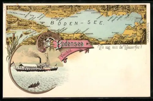 Lithographie Bodensee, Landkarte mit angrenzenden Ortschaften, Dampfer auf dem See, Vexirbild, optische Täuschung