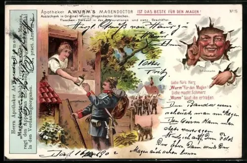 Lithographie Frau reicht dem Soldaten eine Medizin, Reklame für Apotheker A. Wurm`s Magendoctor Getränk