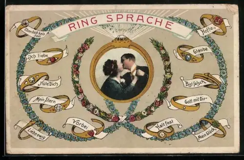 Präge-AK Ringsprache, Verliebtes Paar küsst sich im Ring, Bedeutungen der verschiedenen Ringe