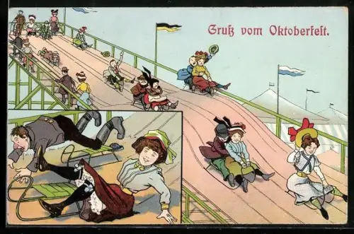 AK München, Besucher auf der Rutschbahn beim Oktoberfest