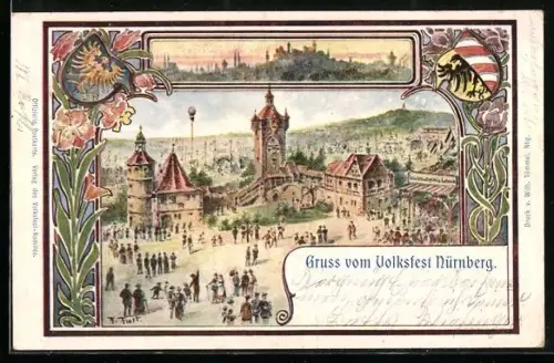 Künstler-AK Nürnberg, Volksfest, Festplatz mit Lotterie