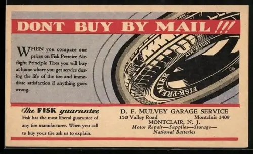 AK Montclair /N. J., D. F. Muley Garage Service, 150 Valley Road, Fisk Tire Manufacturer, Reklame