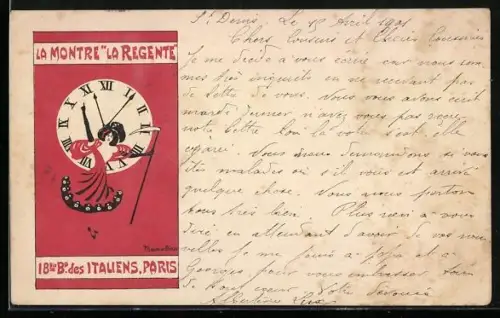 AK Paris, La Montre La Regente, 18eme Boulevard des Italiens, Frau hängt an einer Uhr