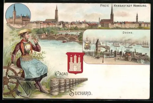 Lithographie Hamburg, Panorama, Dame in Tracht und Cacao Suchard