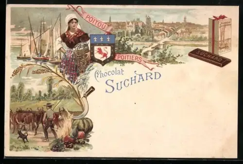 Lithographie Poitiers, Ortsansicht, Bauer mit Viehherde, Hafen, Reklame für Chocolat Suchard, Kakao