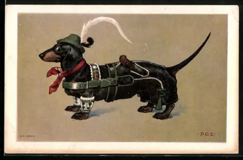 Künstler-AK P. O. Engelhard (P.O.E.): Dackel in Lederhosen mit Messer