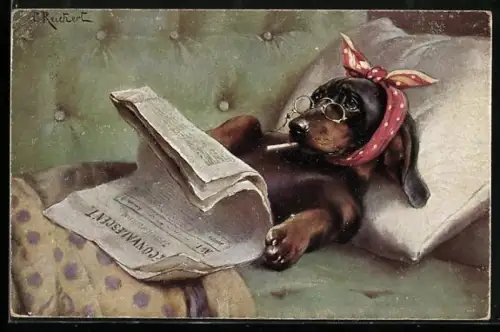 Künstler-AK Carl Reichert: Dackel liegt mit Fieberthermometer im Bett und liesst Zeitung