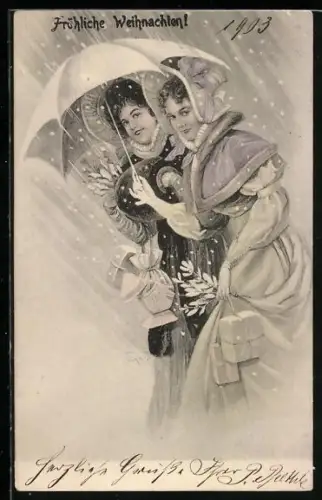 Künstler-AK Zwei Frauen mit Schirm im Schneegestöber