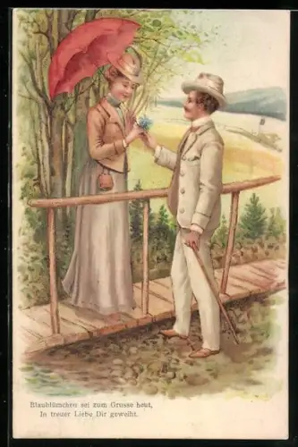 Künstler-AK Herr reicht einer Dame mit Schirm Blumen