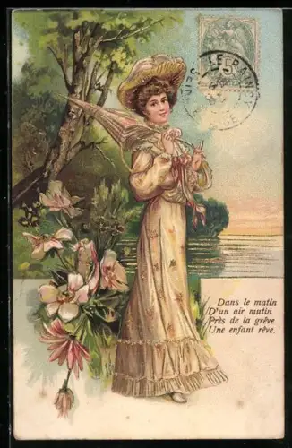 Präge-AK Elegante Dame mit Schirm im Grünen, Rosenblüten