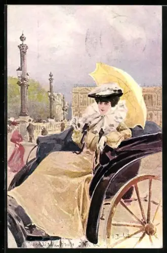 Künstler-AK Elegante Dame mit Schirm in einer Kutsche