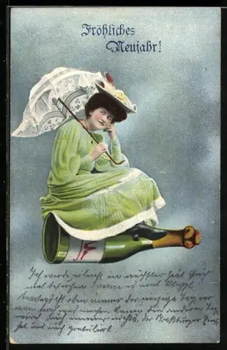 AK Dame sitzt mit Sonnenschirm auf einer Sektflasche