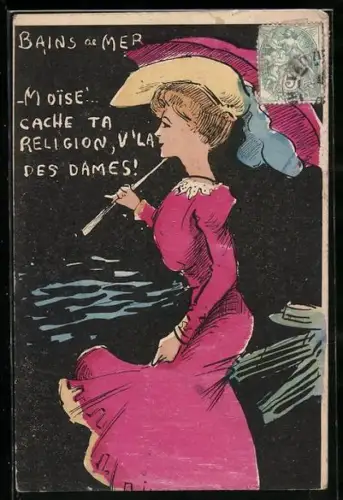 Künstler-AK Dame steht mit Schirm am Meer