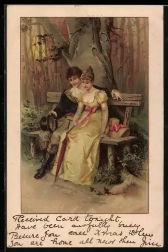 Lithographie Liebesfrühling, Liebespaar mit Schirm auf einer Bank im Wald