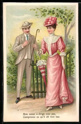 AK Frau mit Schirm und Hut beim Spaziergang mit einem Herrn