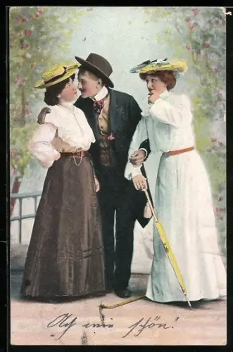 AK Herr flirtet mit zwei Damen im Park