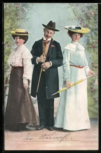 AK Herr mit Gehstock zwischen zwei Damen im Park