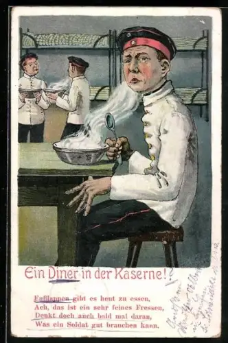 Künstler-AK Ein Diner in der Kaserne, Soldaten beim Essen