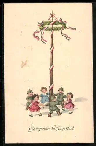 Künstler-AK Kinder in Soldatenuniformen tanzen um einen Maibaum, Kinder Kriegspropaganda