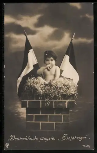 AK Kleines Kind sitzt mit Reichsfahne im Storchennest, Kinder Kriegspropaganda