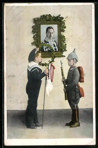 AK Kinder in Uniformen vor einem Porträt von Kronprinz Wilhelm, Kinder Kriegspropaganda