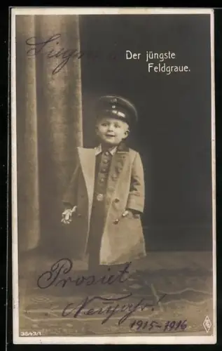 AK Kleiner Junge in Uniform, Der jüngste Feldgraue, Kinder Kriegspropaganda