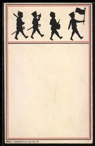 Künstler-AK Marschierende Kinder in Uniformen, Deutscher Junghelferbund, Kinder Kriegspropaganda