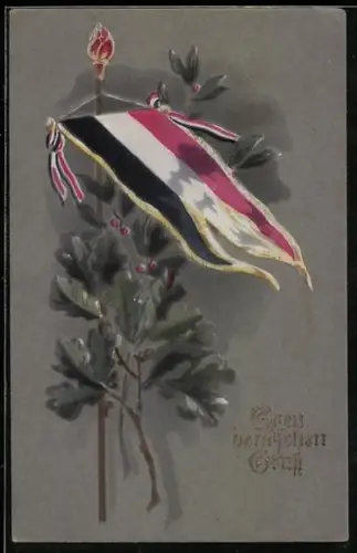 AK Eichen- und Lorbeerzweige mit Reichsfahne