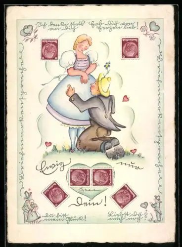 Künstler-AK Mann kniet vor seiner Geliebten, Briefmarkensprache