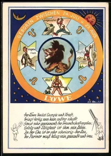 Künstler-AK Sternzeichen Löwe mit Eigenschaften
