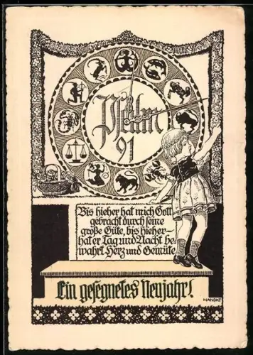 Künstler-AK Neujahrsgruss, Sternzeichen auf einer Uhr