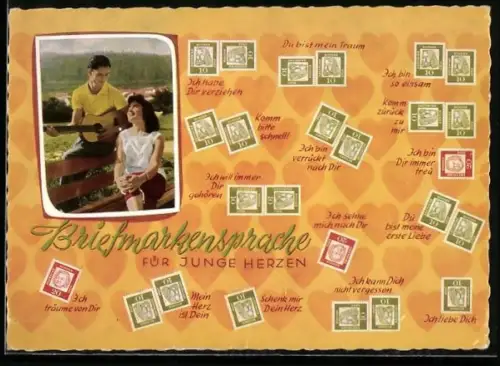AK Briefmarkensprache für junge Herzen, Liebespaar auf einer Bank
