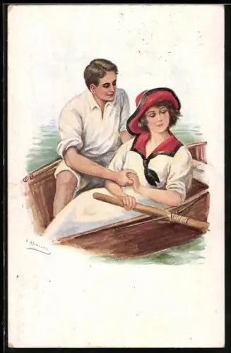 AK Liebespaar in einem Ruderboot