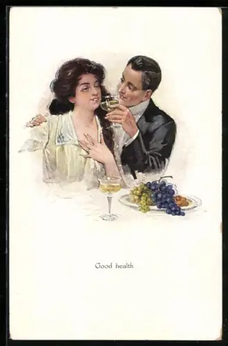 AK Good health, Wohlsein, Liebespaar, er lässt sie aus seinem Weinglas trinken