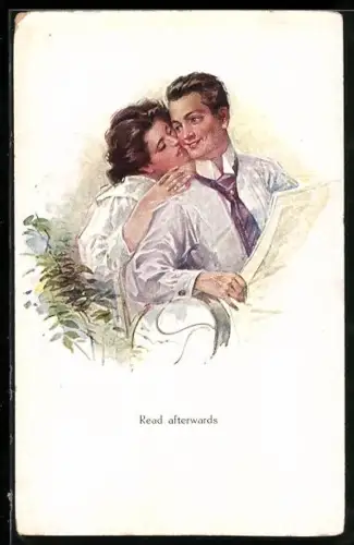 Künstler-AK Ruab Gnischaf: Read afterwads, Mann mit Zeitung wird von seiner Geliebten geküsst